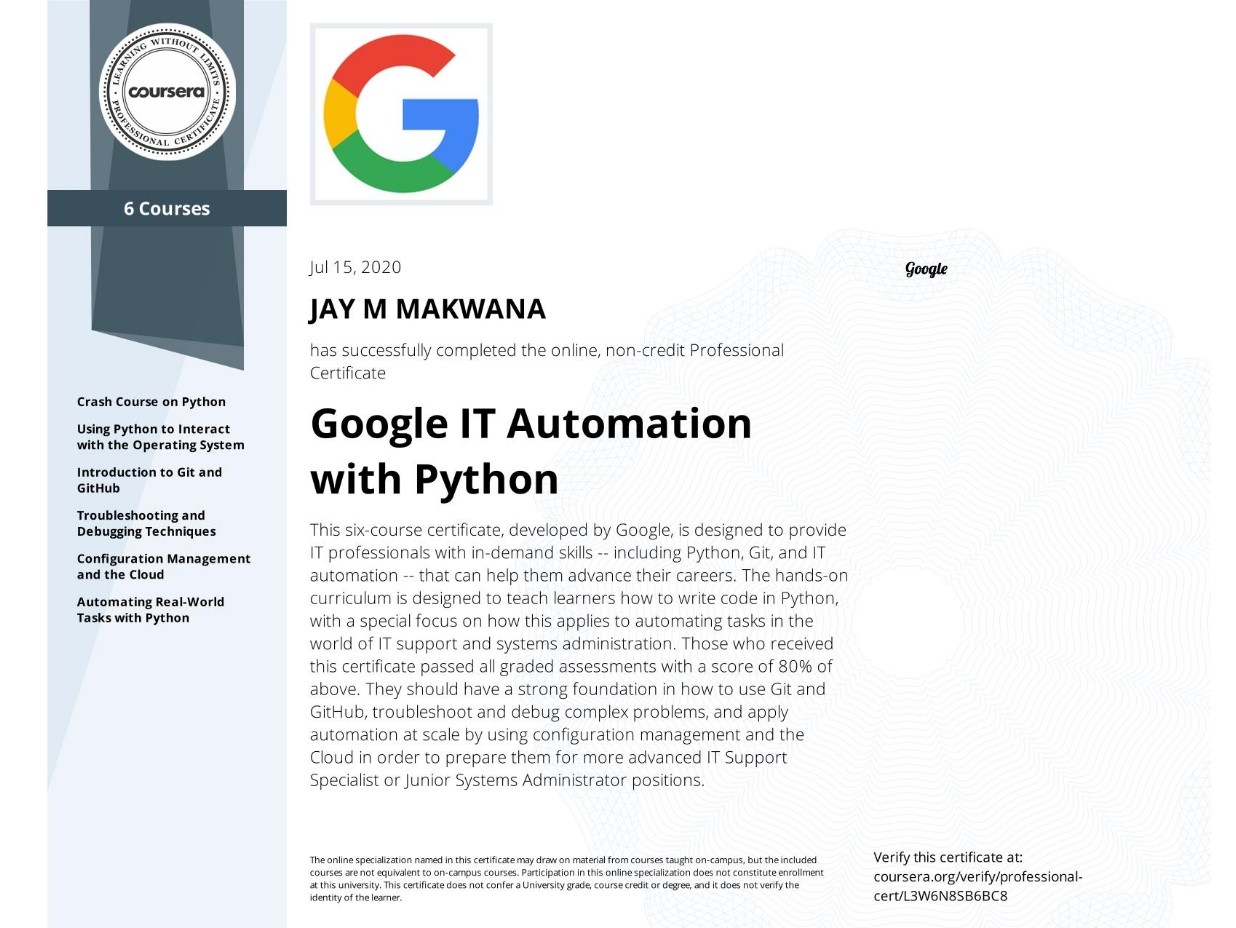 IT Automation with Python Certificate